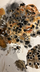 Bumblebee colony sketch - charcoal, clay, chalk and wax on paper