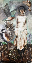 Josie and the birds - £300 - natural pigments with egg tempera on reclaimed wood