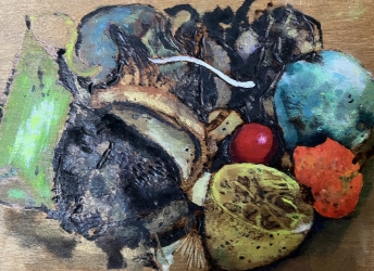 Compost - Pyrography, watercolour and pigment on wood - £180 (framed) - 14cmx20cm